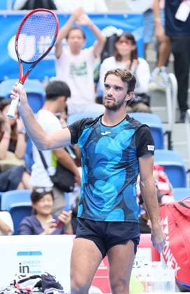 September 28, 2024, Tokyo, Japan - Tomas Machac of Czech Republic reacts to audience as he defeated Tommy Paul of the United States at the second round match of the Japan Open Tennis championships at the Ariake Colosseum in Tokyo on Saturday, September 28, 2024. (photo by Yoshio Tsunoda AFLO) Noxthirdxpartyxsales  (0765325525st)