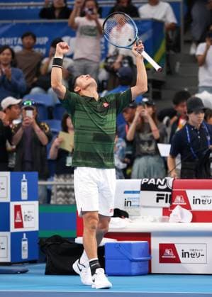 Kei Nishikori celebrates after winning, cheers, joy, emotion, Kinoshita Group Japan Open Tennis Championships, Tokyo, Japan Copyright: xJuergenxHasenkopfx