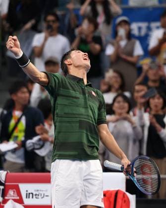 Kei Nishikori celebrates after winning, cheers, joy, emotion, Kinoshita Group Japan Open Tennis Championships, Tokyo, Japan Copyright: xJuergenxHasenkopfx