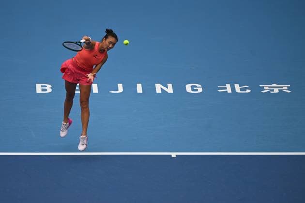 (240928) -- BEIJING, Sept. 28, 2024 -- Yuan Yue of China serves during the women s singles second round match between Karolina Muchova of the Czech Republic and Yuan Yue of China at 2024 China Open tennis tournament in Beijing, capital of China, Sept. 28, 2024. ) (SP)CHINA-BEIJING-TENNIS-CHINA OPEN-WOMEN S SINGLES-SECOND ROUND (CN) ZhangxLong 