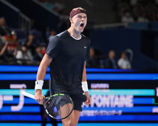 Holger Rune cheers after winning, cheers, joy, emotion, Kinoshita Group Japan Open Tennis Championships, Tokyo, Japan Copyright: xJuergenxHasenkopfx