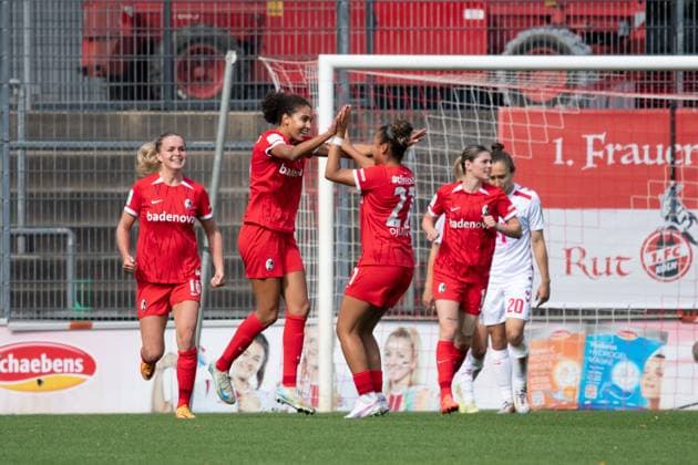 Köln, Germany, September 28th 2024 Cora Zicai (28 Freiburg) and Nicole Ojukwu (27 Freiburg) celebrates after scoring during the Google Pixel Frauen-Bundesliga between 1. FC Köln and SC Freiburg at Franz-Kremer-Stadion in Köln, Germany. Qianru Zhang (Qianru Zhang SPP) Copyright: xQianruxZhang SPPx spp-en-QiZh-DSC_2122
