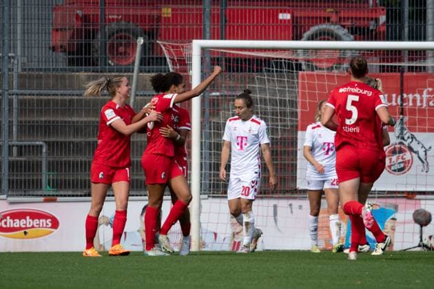 Köln, Germany, September 28th 2024 Cora Zicai (28 Freiburg) and Nicole Ojukwu (27 Freiburg) celebrates after scoring during the Google Pixel Frauen-Bundesliga between 1. FC Köln and SC Freiburg at Franz-Kremer-Stadion in Köln, Germany. Qianru Zhang (Qianru Zhang SPP) Copyright: xQianruxZhang SPPx spp-en-QiZh-DSC_2130