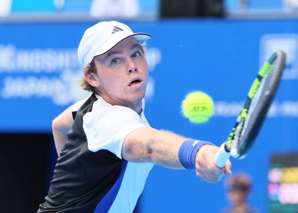 September 28, 2024, Tokyo, Japan - Alex Michelsen of the United States retuens the ball against Christopher O connell of Australia at the second round match of the Japan Open Tennis championships at the Ariake Colosseum in Tokyo on Saturday, September 28, 2024. (photo by Yoshio Tsunoda AFLO) Noxthirdxpartyxsales  (0765381586st)