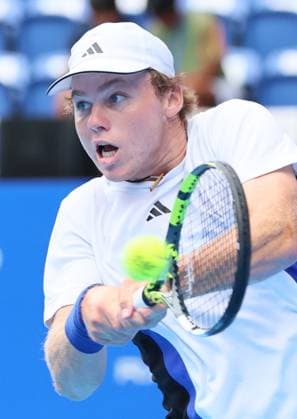 September 28, 2024, Tokyo, Japan - Alex Michelsen of the United States retuens the ball against Christopher O connell of Australia at the second round match of the Japan Open Tennis championships at the Ariake Colosseum in Tokyo on Saturday, September 28, 2024. (photo by Yoshio Tsunoda AFLO) Noxthirdxpartyxsales  (0765381590st)