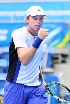 September 28, 2024, Tokyo, Japan - Alex Michelsen of the United States clinches his fist as he won the first set against Christopher O connell of Australia at the second round match of the Japan Open Tennis championships at the Ariake Colosseum in Tokyo on Saturday, September 28, 2024. (photo by Yoshio Tsunoda AFLO) Noxthirdxpartyxsales  (0765381596st)