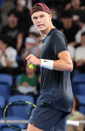 September 28, 2024, Tokyo, Japan - Holger Rune of Denmark reacts as he won the first set against Yoshihito Nishioka of Japan at the second round match of the Japan Open Tennis championships at the Ariake Colosseum in Tokyo on Saturday, September 28, 2024. (photo by Yoshio Tsunoda AFLO) Noxthirdxpartyxsales  (0765383006st)