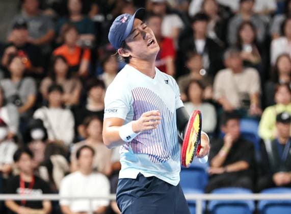September 28, 2024, Tokyo, Japan - Japan s Yoshihito Nishioka is disappointed as he lost a key point against Holger Rune of Denmark at the second round match of the Japan Open Tennis championships at the Ariake Colosseum in Tokyo on Saturday, September 28, 2024. (photo by Yoshio Tsunoda AFLO) Noxthirdxpartyxsales  (0765383029st)