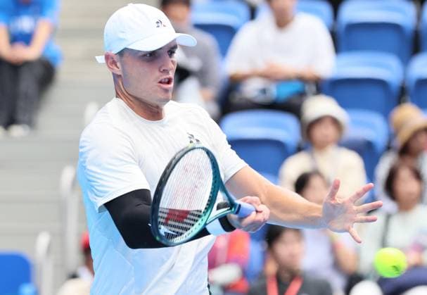 September 28, 2024, Tokyo, Japan - Christopher O connell of the Australia retuens the ball against Alex Michelsen of the United States at the second round match of the Japan Open Tennis championships at the Ariake Colosseum in Tokyo on Saturday, September 28, 2024. (photo by Yoshio Tsunoda AFLO) Noxthirdxpartyxsales  (0765383761st)