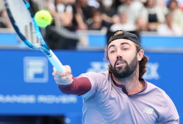 September 28, 2024, Tokyo, Japan - Jordan Thompson of Australia retuens the ball against Kei Nishikori of Japan at the second round match of the Japan Open Tennis championships at the Ariake Colosseum in Tokyo on Saturday, September 28, 2024. (photo by Yoshio Tsunoda AFLO) Noxthirdxpartyxsales  (0765383780st)