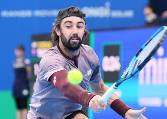 September 28, 2024, Tokyo, Japan - Jordan Thompson of Australia retuens the ball against Kei Nishikori of Japan at the second round match of the Japan Open Tennis championships at the Ariake Colosseum in Tokyo on Saturday, September 28, 2024. (photo by Yoshio Tsunoda AFLO) Noxthirdxpartyxsales  (0765383785st)