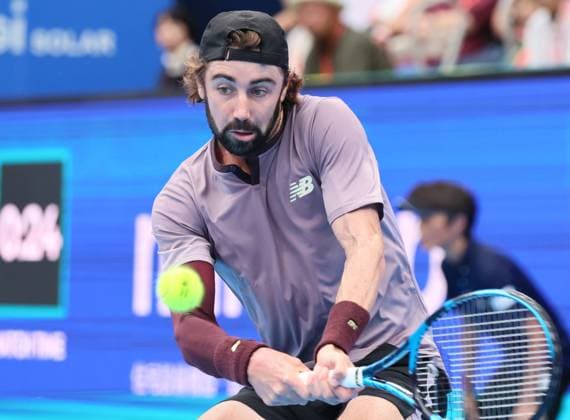 September 28, 2024, Tokyo, Japan - Jordan Thompson of Australia retuens the ball against Kei Nishikori of Japan at the second round match of the Japan Open Tennis championships at the Ariake Colosseum in Tokyo on Saturday, September 28, 2024. (photo by Yoshio Tsunoda AFLO) Noxthirdxpartyxsales  (0765383788st)