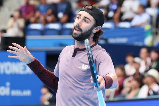September 28, 2024, Tokyo, Japan - Jordan Thompson of Australia is disappointed as he lost a key point against Kei Nishikori of Japan at the second round match of the Japan Open Tennis championships at the Ariake Colosseum in Tokyo on Saturday, September 28, 2024. (photo by Yoshio Tsunoda AFLO) Noxthirdxpartyxsales  (0765383790st)