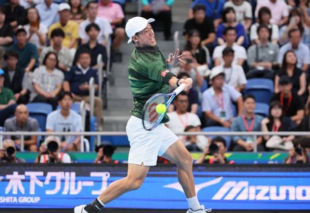 September 28, 2024, Tokyo, Japan - Kei Nishikori of Japan retuens the ball against Jordan Thompson of Australia at the second round match of the Japan Open Tennis championships at the Ariake Colosseum in Tokyo on Saturday, September 28, 2024. (photo by Yoshio Tsunoda AFLO) Noxthirdxpartyxsales  (0765386146st)