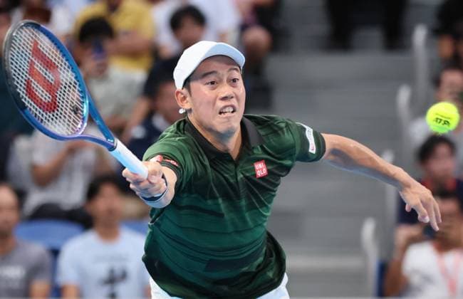 September 28, 2024, Tokyo, Japan - Kei Nishikori of Japan retuens the ball against Jordan Thompson of Australia at the second round match of the Japan Open Tennis championships at the Ariake Colosseum in Tokyo on Saturday, September 28, 2024. (photo by Yoshio Tsunoda AFLO) Noxthirdxpartyxsales  (0765386152st)