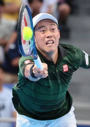 September 28, 2024, Tokyo, Japan - Kei Nishikori of Japan retuens the ball against Jordan Thompson of Australia at the second round match of the Japan Open Tennis championships at the Ariake Colosseum in Tokyo on Saturday, September 28, 2024. (photo by Yoshio Tsunoda AFLO) Noxthirdxpartyxsales  (0765386155st)