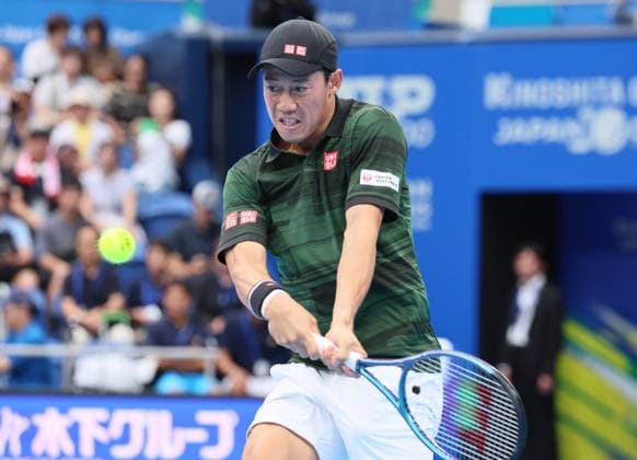 September 28, 2024, Tokyo, Japan - Kei Nishikori of Japan retuens the ball against Jordan Thompson of Australia at the second round match of the Japan Open Tennis championships at the Ariake Colosseum in Tokyo on Saturday, September 28, 2024. (photo by Yoshio Tsunoda AFLO) Noxthirdxpartyxsales  (0765386167st)