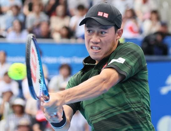 September 28, 2024, Tokyo, Japan - Kei Nishikori of Japan retuens the ball against Jordan Thompson of Australia at the second round match of the Japan Open Tennis championships at the Ariake Colosseum in Tokyo on Saturday, September 28, 2024. (photo by Yoshio Tsunoda AFLO) Noxthirdxpartyxsales  (0765386170st)