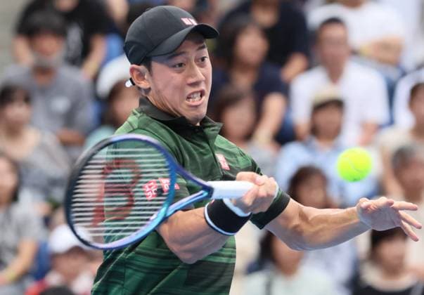 September 28, 2024, Tokyo, Japan - Kei Nishikori of Japan retuens the ball against Jordan Thompson of Australia at the second round match of the Japan Open Tennis championships at the Ariake Colosseum in Tokyo on Saturday, September 28, 2024. (photo by Yoshio Tsunoda AFLO) Noxthirdxpartyxsales  (0765386180st)