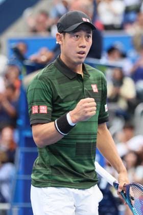 September 28, 2024, Tokyo, Japan - Kei Nishikori of Japan clinches his fist as he won a key point against Jordan Thompson of Australia at the second round match of the Japan Open Tennis championships at the Ariake Colosseum in Tokyo on Saturday, September 28, 2024. (photo by Yoshio Tsunoda AFLO) Noxthirdxpartyxsales  (0765386188st)
