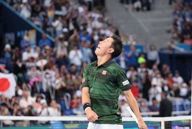September 28, 2024, Tokyo, Japan - Kei Nishikori of Japan throws his arm after he defeated Jordan Thompson of Australia at the second round match of the Japan Open Tennis championships at the Ariake Colosseum in Tokyo on Saturday, September 28, 2024. (photo by Yoshio Tsunoda AFLO) Noxthirdxpartyxsales  (0765386193st)