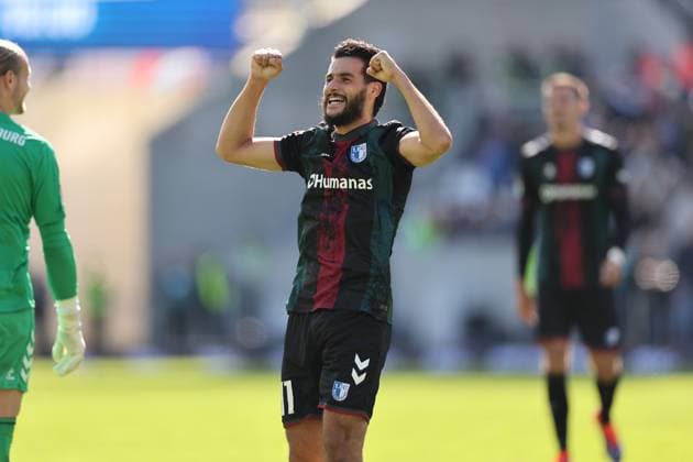 28 09 2024, xdcx, Soccer 2 Bundesliga, SV Darmstadt 98 1 FC Magdeburg, emonline, emspor, despor, v l , Mohammed El Hankouri 1 FC Magdeburg jubilantly cheering jubilantly cheering DFL DFB REGULATIONS PROHIBIT ANY USE OF PHOTOGRAPHS AS IMAGE SEQUENCES AND OR QUASI VIDEO Copyright: HMBxMedia Claus