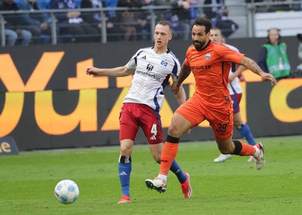 Sebastian Schonlau HSV , Adriano Grimaldi Paderborn Football, Men, Season 2024 2025, 2 BL, Volksparkstadion, Hamburger SV vs SC Paderborn, 2 2 DFL REGULATIONS PROHIBIT ANY USE OF PHOTOGRAPHS AS IMAGE SEQUENCES AND OR QUASI VIDEO