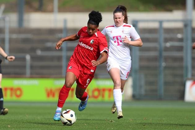 Shekiera Martinez SC Freiburg in action, on the ball, individual action during the Woman Bundesliga match between 1 FC Köln and SC Freiburg at Franz Kremer Stadion on September 28, 2024 in Cologne, Germany Germany Photo by Oliver Kaelke DeFodi Images Shekiera Martinez SC Freiburg controls the ball during the Woman Bundesliga match between 1 FC Köln and SC Freiburg at Franz Kremer Stadion on September 28, 2024 in Köln, Germany Photo by Oliver Kaelke DeFodi Images DFL regulations prohibit any use of photographs as image sequences and or quasi video Defodi 003 678 2024 09 28 OK KOESCF 0167 Defodi-003 DFL regulations prohibit any use of photographs as image sequences and or quasi-video.