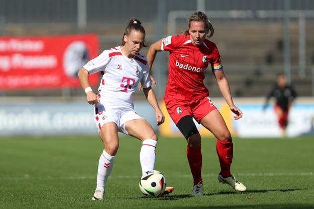 Dora Zeller 1 FC Koeln and Lisa Karl SC Freiburg battle for the ball during the Woman Bundesliga match between 1 FC Koeln and SC Freiburg at Franz Kremer Stadion on September 28, 2024 in Cologne, Germany Germany Photo by Oliver Kaelke DeFodi Images Dora Zeller 1 FC Koeln and Lisa Karl SC Freiburg battle for the ball during the Woman Bundesliga match between 1 FC Köln and SC Freiburg at Franz Kremer Stadion on September 28, 2024 in Köln, Germany Photo by Oliver Kaelke DeFodi Images DFL regulations prohibit any use of photographs as image sequences and or quasi video Defodi 003 678 2024 09 28 OK KOESCF 0626 Defodi-003 DFL regulations prohibit any use of photographs as image sequences and or quasi-video.