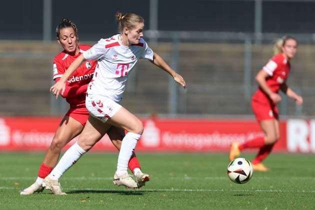 Selina Vobian SC Freiburg and Taylor Ziemer 1 FC Koeln in a duel during the Woman Bundesliga match between 1 FC Köln and SC Freiburg, Franz Kremer Stadion on September 28, 2024 in Cologne, Germany Photo by Oliver Kaelke DeFodi Images Selina Vobian SC Freiburg and Taylor Ziemer 1 FC Koeln battle for the ball during the Woman Bundesliga match between 1 FC Köln and SC Freiburg at Franz Kremer Stadion on September 28, 2024 in Köln, Germany Photo by Oliver Kaelke DeFodi Images DFL regulations prohibit any use of photographs as image sequences and or quasi video Defodi 003 678 2024 09 28 OK KOESCF 0691 Defodi-003 DFL regulations prohibit any use of photographs as image sequences and or quasi-video.