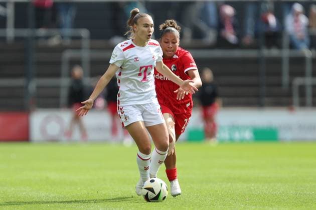 Alena Bienz 1 FC Koeln and Nicole Ojukwu SC Freiburg in a duel during the Woman Bundesliga match between 1 FC Köln and SC Freiburg, Franz Kremer Stadion on September 28, 2024 in Cologne, Germany, Germany Photo by Oliver Kaelke DeFodi Images Alena Bienz 1 FC Koeln and Nicole Ojukwu SC Freiburg battle for the ball during the Woman Bundesliga match between 1 FC Köln and SC Freiburg at Franz Kremer Stadion on September 28, 2024 in Köln, Germany Photo by Oliver Kaelke DeFodi Images DFL regulations prohibit any use of photographs as image sequences and or quasi video Defodi 003 678 2024 09 28 OK KOESCF 1272 Defodi-003 DFL regulations prohibit any use of photographs as image sequences and or quasi-video.