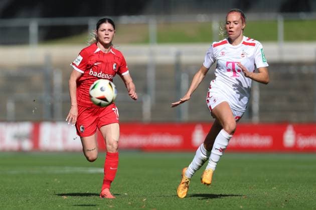 Eileen Campbell SC Freiburg and Janina Hechler 1 FC Koeln in a duel during the Woman Bundesliga match between 1 FC Köln and SC Freiburg, Franz Kremer Stadion on September 28, 2024 in Cologne, Germany Photo by Oliver Kaelke DeFodi Images Eileen Campbell SC Freiburg and Janina Hechler 1 FC Koeln battle for the ball during the Woman Bundesliga match between 1 FC Köln and SC Freiburg at Franz Kremer Stadion on September 28, 2024 in Köln, Germany Photo by Oliver Kaelke DeFodi Images DFL regulations prohibit any use of photographs as image sequences and or quasi video Defodi 003 678 2024 09 28 OK KOESCF 0599 Defodi-003 DFL regulations prohibit any use of photographs as image sequences and or quasi-video.