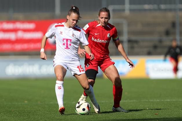Dora Zeller 1 FC Koeln and Lisa Karl SC Freiburg battle for the ball during the Woman Bundesliga match between 1 FC Koeln and SC Freiburg at Franz Kremer Stadion on September 28, 2024 in Cologne, Germany Germany Photo by Oliver Kaelke DeFodi Images Dora Zeller 1 FC Koeln and Lisa Karl SC Freiburg battle for the ball during the Woman Bundesliga match between 1 FC Köln and SC Freiburg at Franz Kremer Stadion on September 28, 2024 in Köln, Germany Photo by Oliver Kaelke DeFodi Images DFL regulations prohibit any use of photographs as image sequences and or quasi video Defodi 003 678 2024 09 28 OK KOESCF 0624 Defodi-003 DFL regulations prohibit any use of photographs as image sequences and or quasi-video.