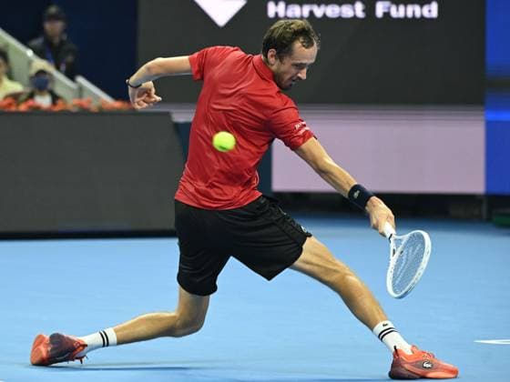 (240928) -- BEIJING, Sept. 28, 2024 -- Daniil Medvedev hits a return during the men s singles second round match between Daniil Medvedev of Russia and Adrian Mannarino of France at 2024 China Open tennis tournament in Beijing, capital of China, Sept. 28, 2024. ) (SP)CHINA-BEIJING-TENNIS-CHINA OPEN-MEN S SINGLES (CN) ZhangxLong 
