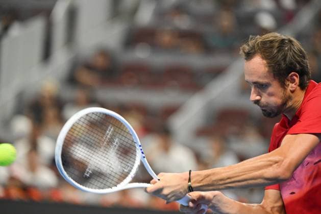 (240928) -- BEIJING, Sept. 28, 2024 -- Daniil Medvedev hits a return during the men s singles second round match between Daniil Medvedev of Russia and Adrian Mannarino of France at 2024 China Open tennis tournament in Beijing, capital of China, Sept. 28, 2024. ) (SP)CHINA-BEIJING-TENNIS-CHINA OPEN-MEN S SINGLES (CN) ZhangxLong 