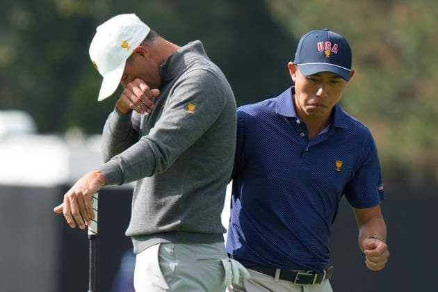September 28, 2024, Montreal, Pq, Canada: International team member Adam Scott of Australia, reacts after missing a putt as United States team member Collin Morikawa walks past on the 9th hole during their third round four-ball match at the Presidents Cup golf tournament at Royal Montreal Golf Club, in Montreal Saturday, Sept. 28, 2024. Adam Scott, Collin Morikawa  - ZUMAc35_ 20240928_zaf_c35_018 Copyright: xFrankxGunnx