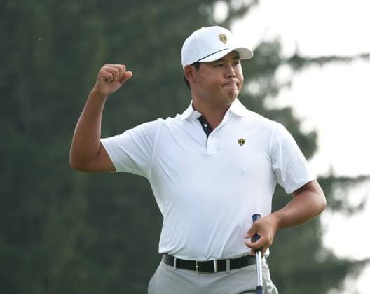 September 28, 2024, Montreal, Pq, Canada: International team member Si Woo Kim of South Korea, reacts after making a putt on the 6th hole during third round four-ball match at the Presidents Cup golf tournament at Royal Montreal Golf Club in Montreal Saturday, Sept. 28, 2024. Si Woo Kim,  - ZUMAc35_ 20240928_zaf_c35_019 Copyright: xChristinnexMuschix