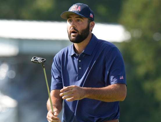 September 28, 2024, Montreal, Pq, Canada: United States team member Scottie Scheffler reacts after missing a putt on the 9th hole during their third round four-ball match at the Presidents Cup golf tournament at Royal Montreal Golf Club in Montreal Saturday, Sept. 28, 2024. Golf 2024: Presidents Cup: Round Three  - ZUMAc35_ 20240928_zaf_c35_023 Copyright: xFrankxGunnx