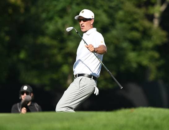 September 28, 2024, Montreal, Pq, Canada: International team member Adam Scott, of Australia, reacts after his chip shot onto the 5th green during their fourth round foursomes match at the Presidents Cup golf tournament at Royal Montreal Golf Club, in Montreal, Saturday, Sept. 28, 2024. Adam Scott, - ZUMAc35_ 20240928_zaf_c35_114 Copyright: xGrahamxHughesx