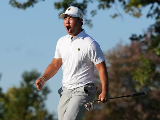 Sport Themen der Woche KW39 Sport Bilder des Tages September 28, 2024, Montreal, Pq, Canada: International team member Tom Kim of South Korea, reacts after making a birdie on the 9th hole during their fourth round foursomes match at the Presidents Cup golf tournament at Royal Montreal Golf Club in Montreal Saturday, Sept. 28, 2024. Tom Kim,  - ZUMAc35_ 20240928_zaf_c35_139 Copyright: xNathanxDenettex