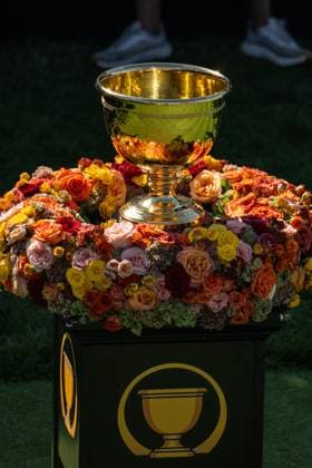 MONTREAL, QC - SEPTEMBER 28: General view of the Presidents Cup at the first tee at the 2024 Presidents Cup on September 28, 2024 at The Royal Montreal Golf Club in Montreal, QC (Photo by Vincent Ethier Icon Sportswire) GOLF: SEP 28 Presidents Cup EDITORIAL USE ONLY Icon2409280076