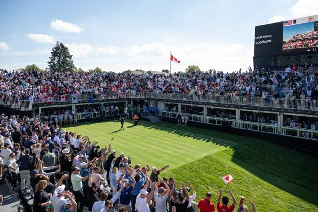 MONTREAL, QC - SEPTEMBER 28: General view of the stands at the first tee at the 2024 Presidents Cup on September 28, 2024 at The Royal Montreal Golf Club in Montreal, QC (Photo by Vincent Ethier Icon Sportswire) GOLF: SEP 28 Presidents Cup EDITORIAL USE ONLY Icon2409280194