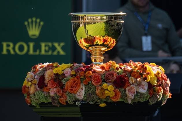 MONTREAL, QC - SEPTEMBER 28: General view of the Presidents Cup at the first tee at the 2024 Presidents Cup on September 28, 2024 at The Royal Montreal Golf Club in Montreal, QC (Photo by Vincent Ethier Icon Sportswire) GOLF: SEP 28 Presidents Cup EDITORIAL USE ONLY Icon2409280238