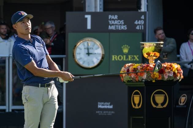 MONTREAL, QC - SEPTEMBER 28: Team USA golfer Collin Morikawa plays his shot from the first tee at the 2024 Presidents Cup on September 28, 2024 at The Royal Montreal Golf Club in Montreal, QC (Photo by Vincent Ethier Icon Sportswire) GOLF: SEP 28 Presidents Cup EDITORIAL USE ONLY Icon2409280812