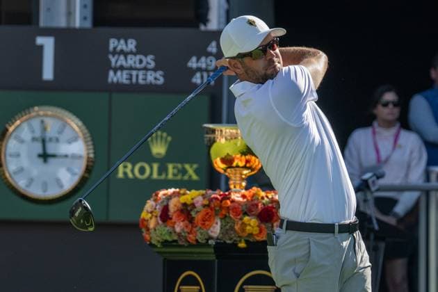 MONTREAL, QC - SEPTEMBER 28:International Team golfer Corey Conners plays his shot from the first tee at the 2024 Presidents Cup on September 28, 2024 at The Royal Montreal Golf Club in Montreal, QC (Photo by Vincent Ethier Icon Sportswire) GOLF: SEP 28 Presidents Cup EDITORIAL USE ONLY Icon2409280889