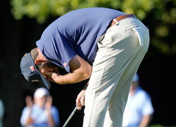 September 28, 2024, Montreal, Pq, Canada: United States team member Scottie Scheffler reacts after missing a putt on the 5th hole during their fourth round foursomes match at the Presidents Cup golf tournament at Royal Montreal Golf Club, in Montreal, Saturday, Sept. 28, 2024. Scottie Scheffler,  - ZUMAc35_ 20240928_zaf_c35_131 Copyright: xFrankxGunnx