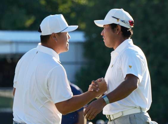 September 28, 2024, Montreal, Pq, Canada: International team member Sungjae Im of South Korea, , left celebrates a birdie putt with International team member Hideki Matsuyama of Japan, on the 9th hole during their fourth round foursomes match at the Presidents Cup golf tournament at Royal Montreal Golf Club, in Montreal, Saturday, Sept. 28, 2024. Sungjae Im, Hideki Matsuyama - ZUMAc35_ 20240928_zaf_c35_148 Copyright: xFrankxGunnx