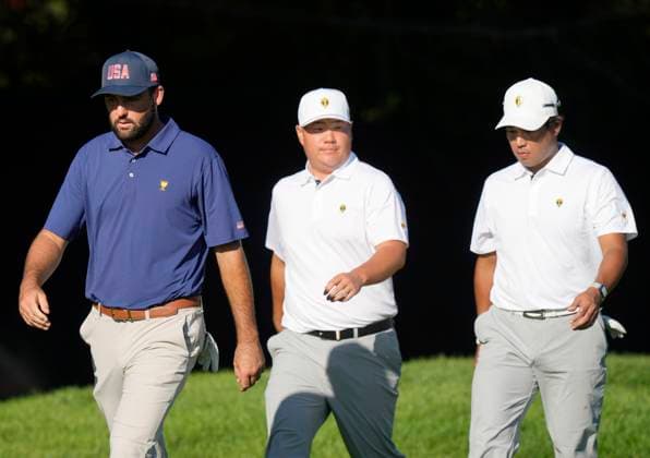September 28, 2024, Montreal, Pq, Canada: United States team member Scottie Scheffler, left to right, is followed by International team members Sungjae Im, of South Korea, and Hideki Matsuyama, of Japan, as they walk up the fifth fairway during their fourth round foursomes match at the Presidents Cup golf tournament at Royal Montreal Golf Club, in Montreal, Saturday, Sept. 28, 2024. Scottie Scheffler, Hideki Matsuyama, Sungjae Im - ZUMAc35_ 20240928_zaf_c35_136 Copyright: xFrankxGunnx