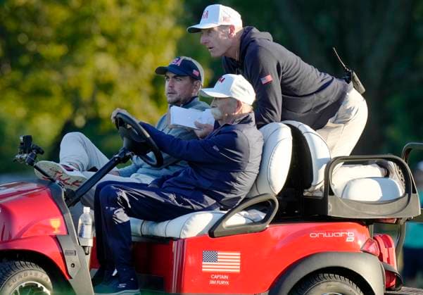 September 28, 2024, Montreal, Pq, Canada: United States team captain Jim Furyk grabs a ride with United States team member Keegan Bradley and Mike Fluff Cowan driving during their fourth round foursomes match at the Presidents Cup golf tournament at Royal Montreal Golf Club Saturday, September 28, 2024 in Montreal. Jim Furyk, Keegan Bradley, Mike Fluff Cowan  - ZUMAc35_ 20240928_zaf_c35_164 Copyright: xFrankxGunnx