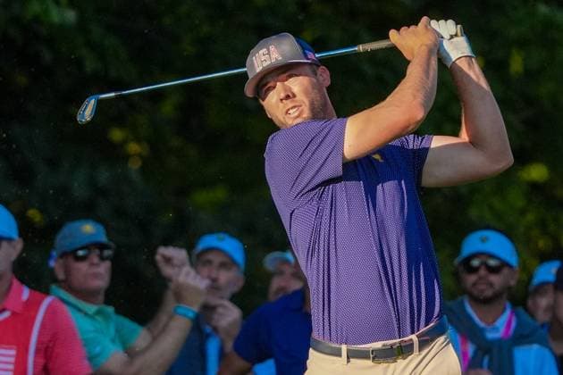 September 28, 2024, Montreal, Quebec, USA: Sam Burns (USA) tees off the 11th hole during Day 3 of the 2024 Presidents Cup at The Royal Montreal Golf Club. Montreal USA - ZUMAw109 20240928_fap_w109_053 Copyright: xDebbyxWongx